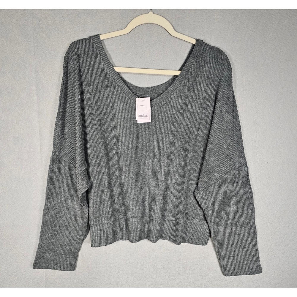Auden Women's Ribbed V Neck Sleep Top XL Dark Gray Long Sleeve Pajama NWT